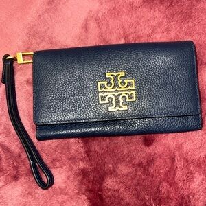 Tory Burch Navy Pebbled Leather Envelope Wallet